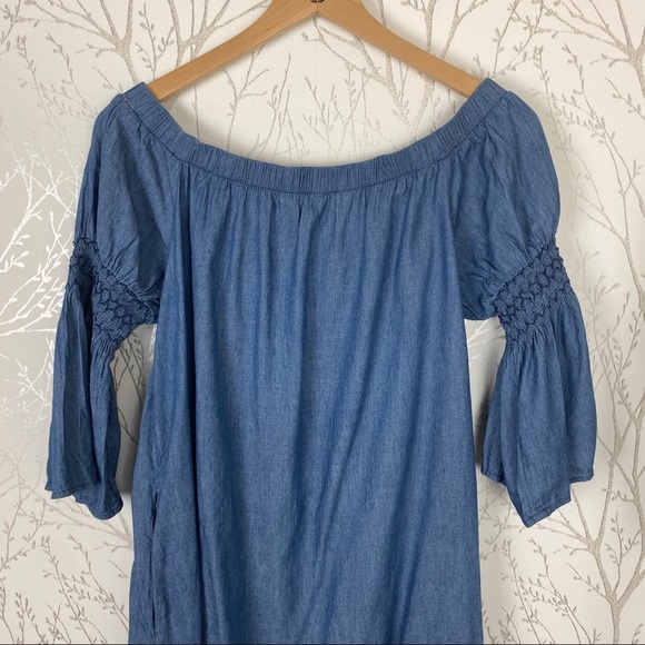 BLUE RAIN Blue Embroidered BOHO Off-Shoulder Mini Dress w/ Pockets Medium - Picture 5 of 10